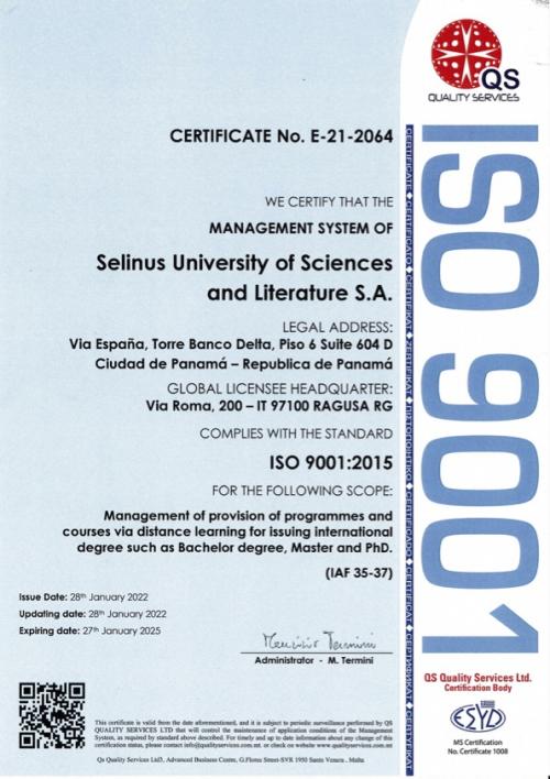 Selinus University ISO 9001 Certified 