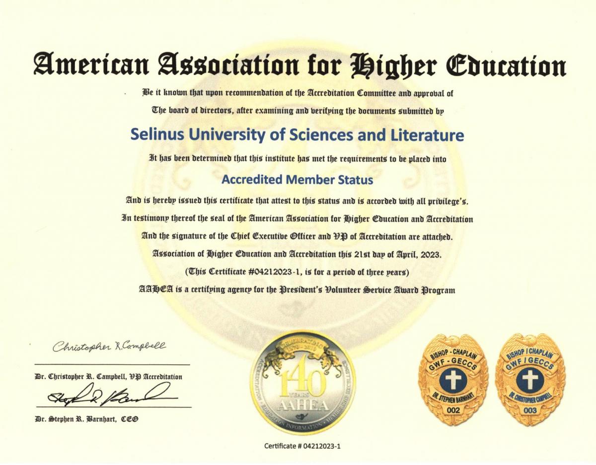 Selinus University has been granted full accreditation by the AAHEA (The American Association for Higher Education) 